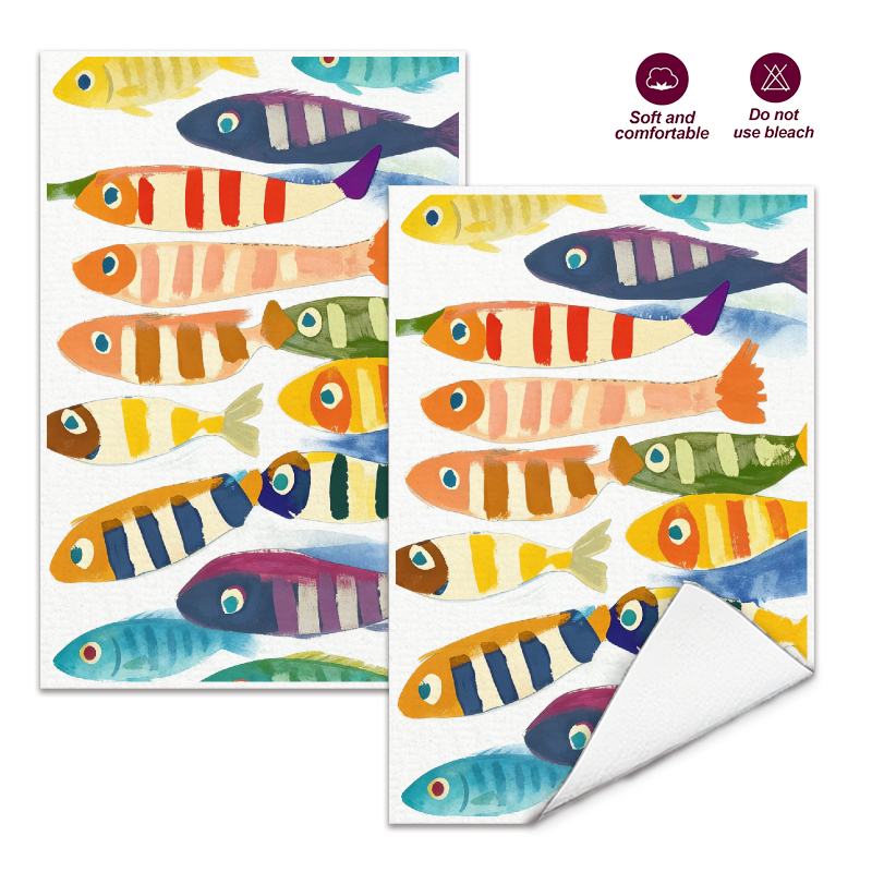 Home Cooking Is The Best - 2Pcs, Watercolor Striped Fish Kitchen Towels,